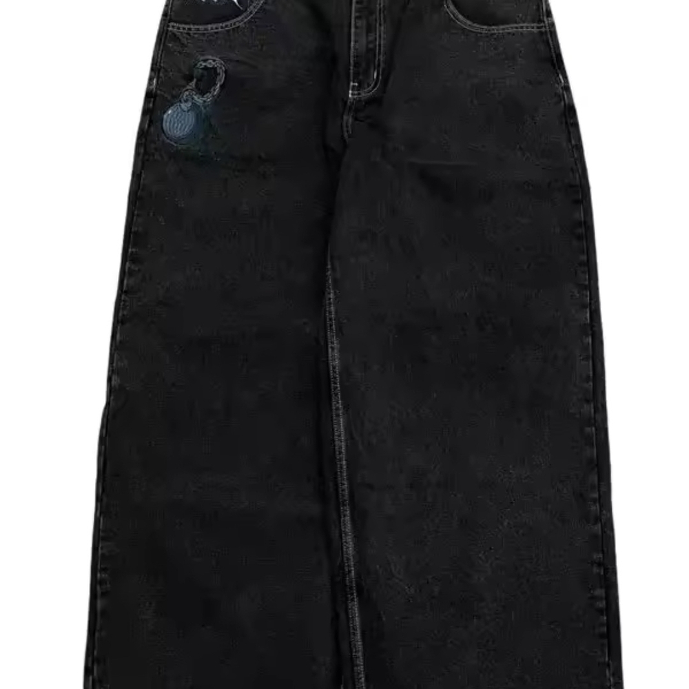 Black Wide-Leg Jeans with Embroidered Detail